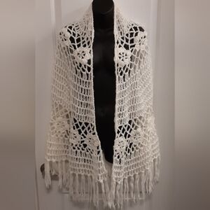 Vintage Picardy Acrylic White Hand Knit Shawl Wrap Taiwan One Size Women's